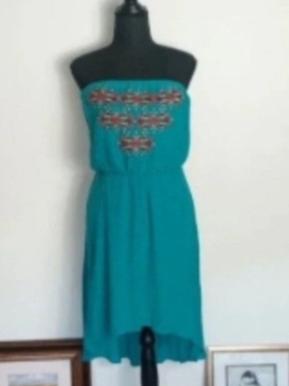 Strapless turquoise/teal embroidered dress / Size Medium